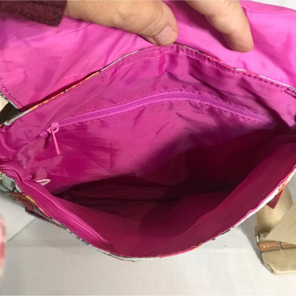 Lily Bloom Butterfly Print Crossbody Bag Tan Trim Pink Lining Pockets 10" x 9" - Picture 7 of 16